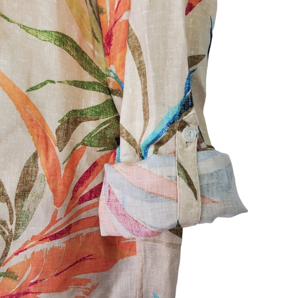 CHICO'S Linen Tropical Button Down Tab Sleeve Blouse Shirt Sz 2 12/14 Palm Leaf - Picture 7 of 11